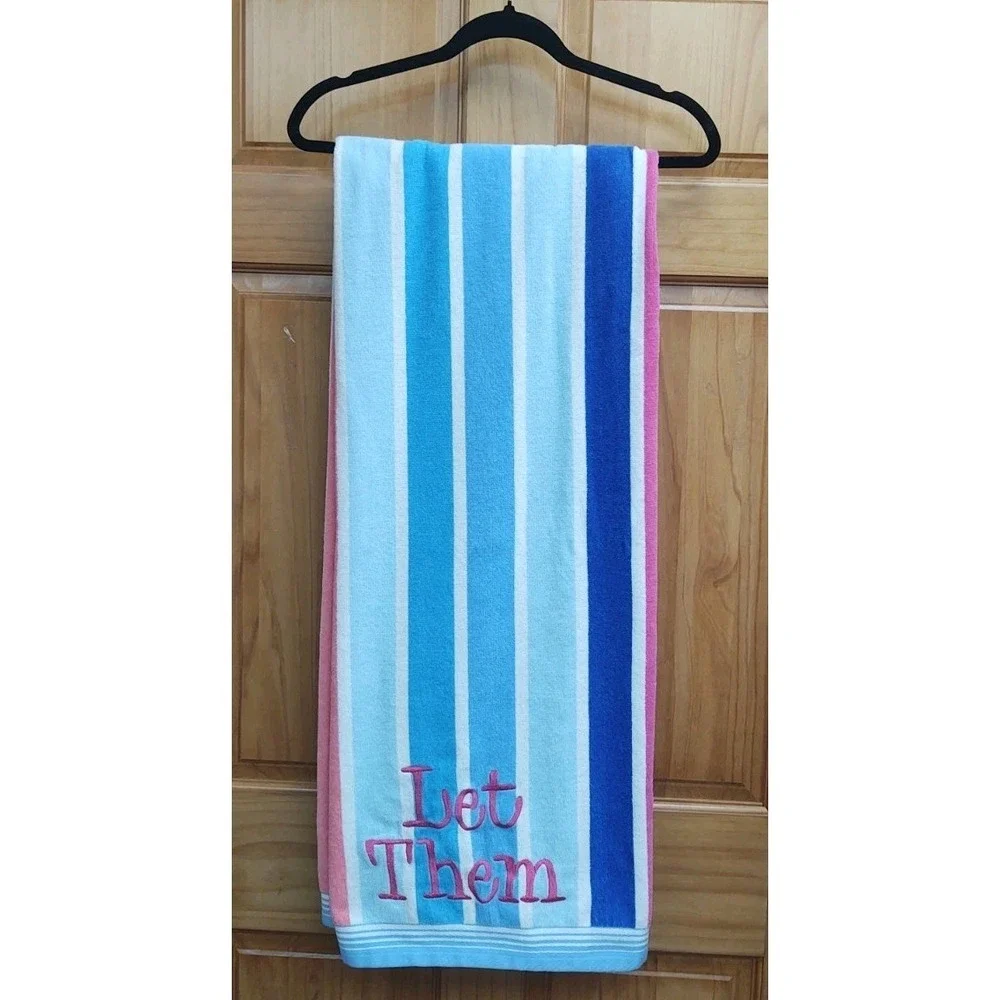 LET THEM Beach Towel Size 68 X 34 Hanging Loop Stripes Absorbant